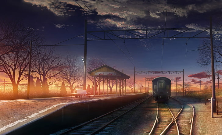 treno grigio sfondo digitale, paesaggio, anime, ferrovia, stazione ferroviaria, tramonto, Sfondo HD