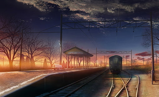 matahari terbenam, kereta api, pemandangan, anime, stasiun kereta api, Wallpaper HD HD wallpaper