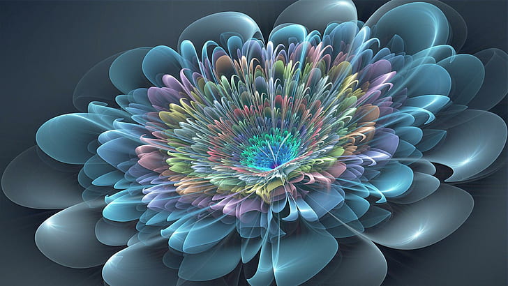 Flor multifacética, azul, hermoso, hermosos colores, ricamente vibrante, flor, 3d y abstracto, Fondo de pantalla HD
