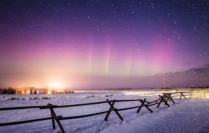 Aurora Boreal, noche, estrella - Espacio, nieve, invierno, cielo, astronomía, aurora boreal, aurora polar, Fondo de pantalla HD