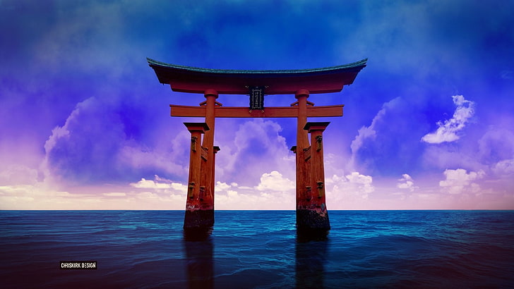 Religiöst, Itsukushima Gate, konstnärligt, horisont, japanskt, hav, hav, helgedom, Torii, HD tapet