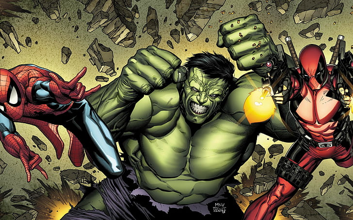 Marvel HD, incredible hulk, spider-man and deed pool illustration, comics, marvel, HD wallpaper