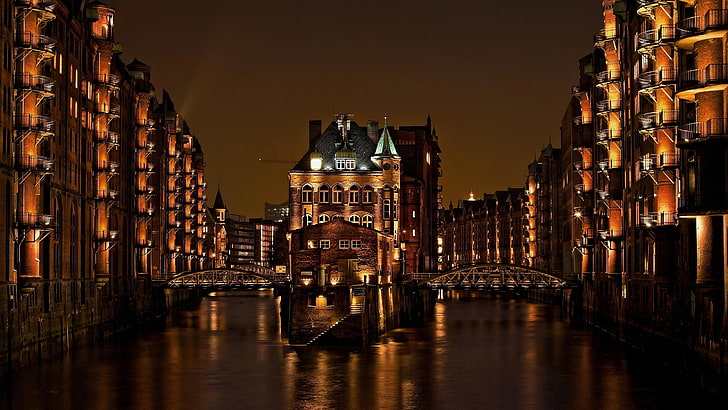 light, night, the city, building, home, Germany, channel, bridges, Hamburg, Memory city, Speicherstadt, HD wallpaper
