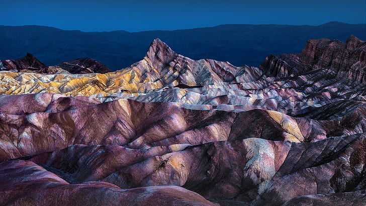 nature, landscape, mountains, sky, rocks, night, lights, Death Valley, Zabriskie Point, California, USA, HD wallpaper