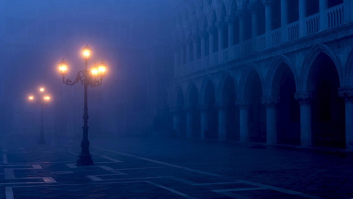 soir, lampadaire, europe, venise, piazza san marco, obscurité, brouillard, carré, rue, crépuscule, lampadaires, éclairage, architecture, nuit, lumière, bâtiment, éclairage public, brouillard, Fond d'écran HD