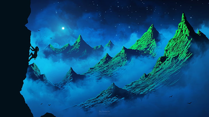 awan dan gunung karya seni, seni digital, pegunungan, malam, hiking, ilustrasi, pendakian, Kvacm, Wallpaper HD