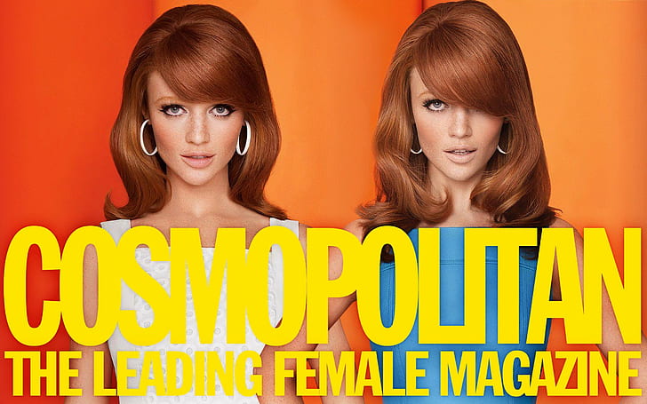 Синтия Дикер, колаж, жени, червенокоса, реклами, коса в лицето, обеци с обръч, феминизъм, HD тапет