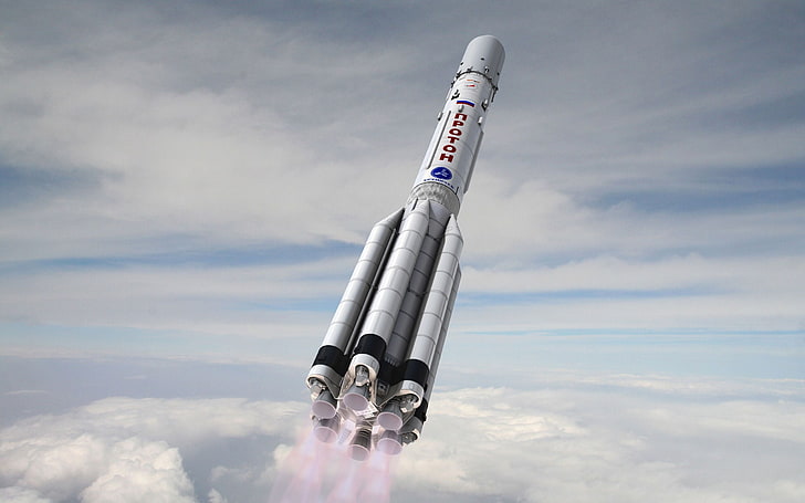 Pesawat ruang angkasa Rusia, roket putih dan hitam, 3D, Luar Angkasa, terbang, Rusia, awan, kapal, Wallpaper HD