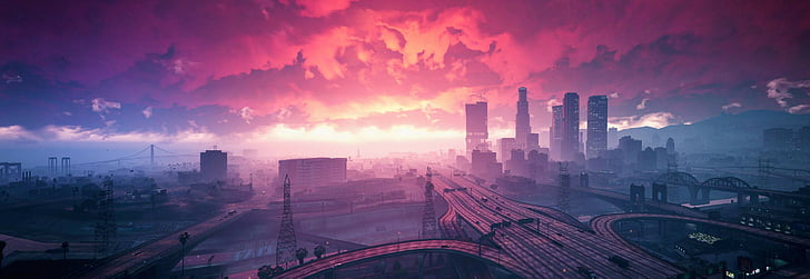 Luftbild von Hochhäusern und Autobahnen, Grand Theft Auto V, Sonnenuntergang, Stadt, HD, HD-Hintergrundbild