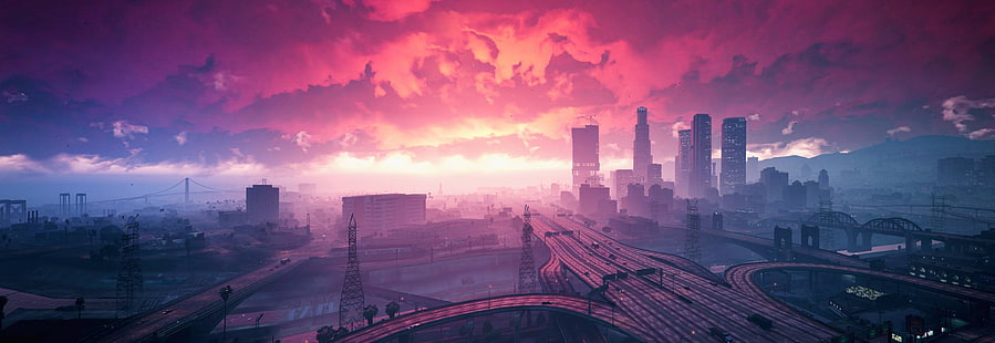 Grand Theft Auto V, coucher de soleil, ville, Fond d'écran HD HD wallpaper