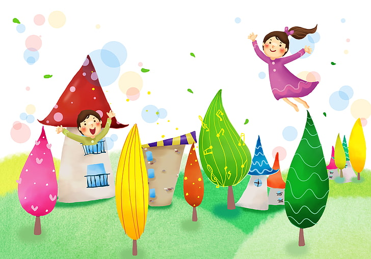 мальчик и девочка возле дома обои, деревья, радость, фэнтези, листва, девушки, дом, полёт, детские обои, HD обои