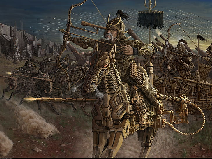 戦士兵士モンゴル古代古い馬ファンタジーアート武器マシン矢印戦争建物弓トルコ人煙壁、 HDデスクトップの壁紙