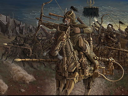warrior soldier mongols ancient old horse fantasy art weapon machine arrows war building bow turk smoke wall, HD wallpaper HD wallpaper