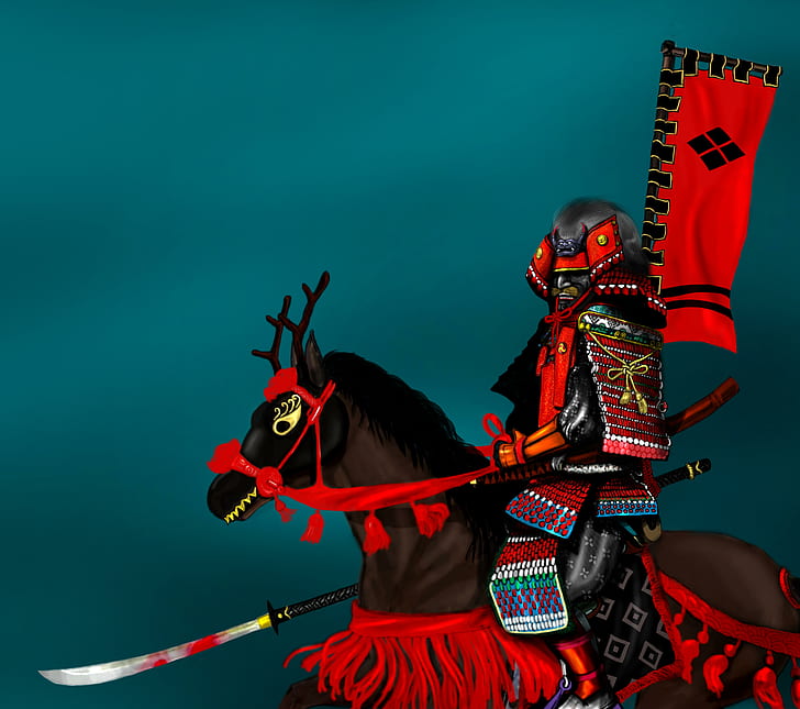 Con Kabuto, guerriero giapponese nero e rosso a cavallo, naginata, giappone, samurai, kabuto, Sfondo HD