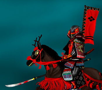 Dengan Kabuto, prajurit Jepang hitam dan merah di atas kuda, naginata, Jepang, samurai, kabuto, Wallpaper HD HD wallpaper