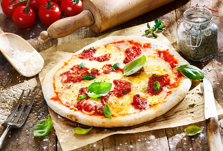 cheese, tomatoes, pizza, peppers, salami, basil, HD wallpaper