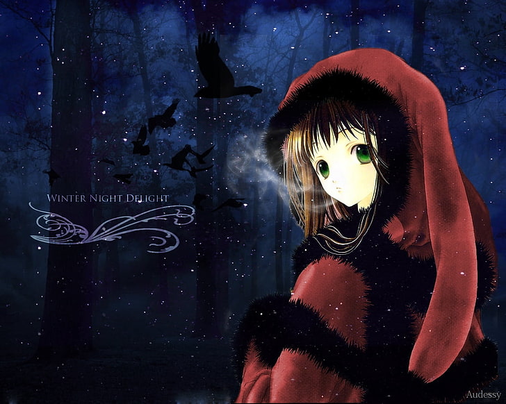 Frau in der roten Hoodieillustration, adumi tohru, Mädchen, Kälte, Vögel, HD-Hintergrundbild