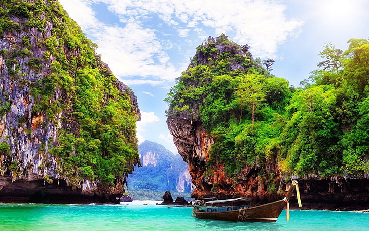 Photography, Tropical, Canoe, Cliff, Nature, Ocean, Rock, Thailand, HD wallpaper