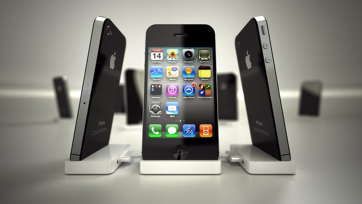 trzy czarne iPhone 4, iPhone 4, iPhone, telefon, jabłko, komórka, ikona, Tapety HD