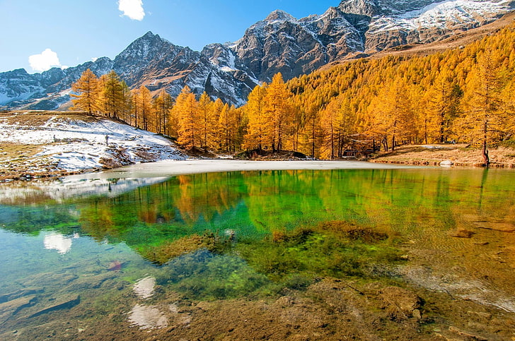 paisagem, natureza, lago, montanhas, floresta, outono, Itália, neve, árvores, pico nevado, água, ouro, verde, reflexão, HD papel de parede