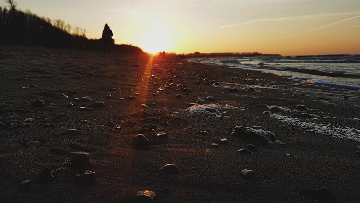 mesa de madeira preto e marrom, praia, paisagem, nascer do sol, pôr do sol, Suécia, mar, HD papel de parede