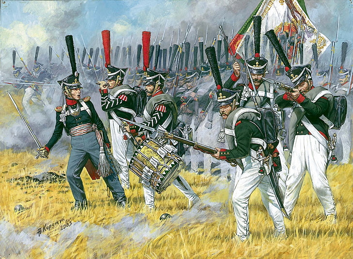 Gruppe von Soldaten Tapete, unwiderstehlich in Bajonettangriff., Russische schwere Infanterie, Grenadiere 1812 - 1814гг.Lineare schwere Infanterie galt nicht umsonst als die beste, HD-Hintergrundbild