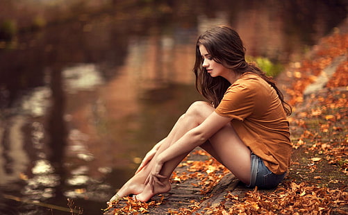 осень, девушка, поза, листва, янтарь, мартен кваадвлит, HD обои HD wallpaper