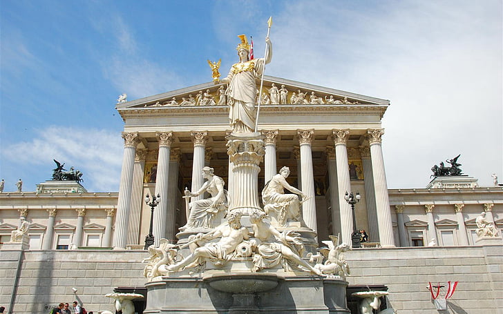 architecture, athena, austria, building, fountain, pallas, parliament, wien, HD wallpaper