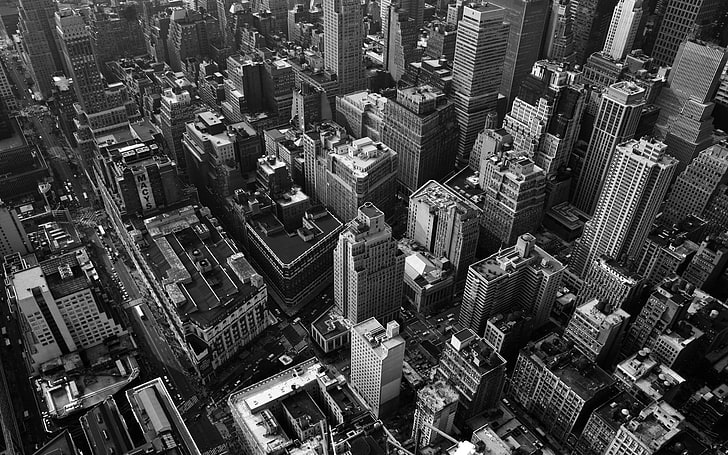 сиви скали на високи сгради, градски пейзаж, монохромен, сграда, Ню Йорк, САЩ, HD тапет