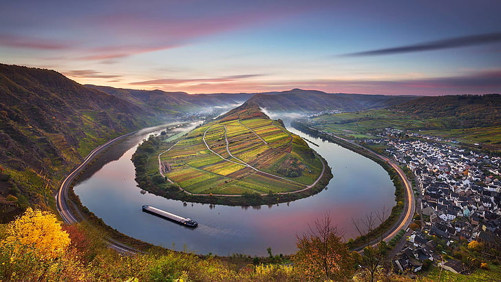 sonbahar, dağlar, doğa, Almanya, mavna, nehir Moselle, Bremm, Rheinland-Pfalz, HD masaüstü duvar kağıdı