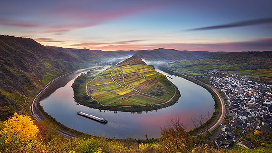осень, горы, природа, Германия, баржа, река Мозель, Брем, Рейнланд-Пфальц, HD обои HD wallpaper