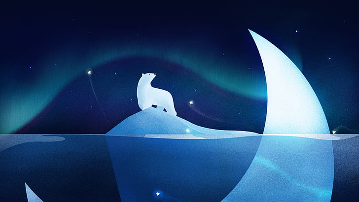 Polar bear, Stars, Illustration, Northern lights, HD, HD wallpaper