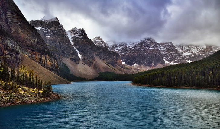 mountain beside river during daytime, moraine lake, banff national park, moraine lake, banff national park, Valley of the Ten Peaks, Moraine Lake, Banff National Park, river, daytime, Nikon D800E, Day 4, Trip, Alberta, British Columbia, Overcast, Rockpile, Trail, SSW, Capture, NX2, Edited, Color, Pro, Nature, Landscape, Cloudy, Clouds, Low, Rocky Mountains, Canadian Rockies, Distance, Mountainside, Trees, Evergreens, Hillside, Glacial Flour, Glacial Lake, Glacial Valley, area, Mountain, Continental Divide, Southern, Continental Ranges, Banff, Lake Louise, Core Area, Bow Range, Mount Babel, Mount Little, Mount Bowlen, Mount Perren, Mount Allen, Tuzo, Portfolio, Canvas, Canada, lake, scenics, water, outdoors, beauty In Nature, reflection, mountain Range, forest, sky, mountain Peak, HD wallpaper