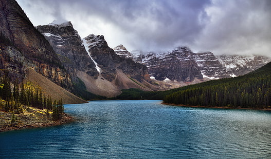 mountain beside river during daytime, moraine lake, banff national park, moraine lake, banff national park, Valley of the Ten Peaks, Moraine Lake, Banff National Park, river, daytime, Nikon D800E, Day 4, Trip, Alberta, British Columbia, Overcast, Rockpile, Trail, SSW, Capture, NX2, Edited, Color, Pro, Nature, Landscape, Cloudy, Clouds, Low, Rocky Mountains, Canadian Rockies, Distance, Mountainside, Trees, Evergreens, Hillside, Glacial Flour, Glacial Lake, Glacial Valley, area, Mountain, Continental Divide, Southern, Continental Ranges, Banff, Lake Louise, Core Area, Bow Range, Mount Babel, Mount Little, Mount Bowlen, Mount Perren, Mount Allen, Tuzo, Portfolio, Canvas, Canada, lake, scenics, water, outdoors, beauty In Nature, reflection, mountain Range, forest, sky, mountain Peak, HD wallpaper HD wallpaper