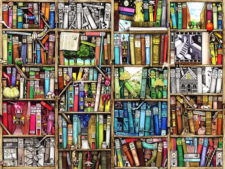 Biblioteca de livros HD, cartum / quadrinhos, livros, biblioteca, HD papel de parede