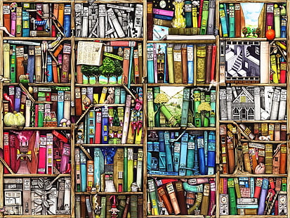 Книжная библиотека HD, мультфильм / комикс, книги, библиотека, HD обои HD wallpaper