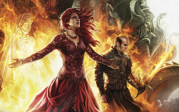 Game of Thrones, Fire, Melisandre, Stannis Baratheon, Statue, female and male anime character, game of thrones, fire, melisandre, stannis baratheon, statue, 1920x1200, HD wallpaper