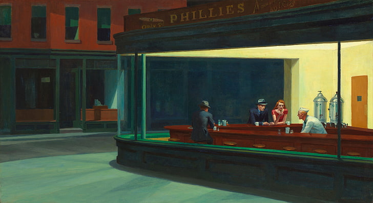 painting, Nighthawks, oil painting, artwork, diner, Edward Hopper, classic art, HD wallpaper