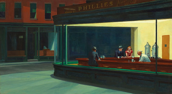 painting, Nighthawks, oil painting, artwork, diner, Edward Hopper, classic art, HD wallpaper HD wallpaper