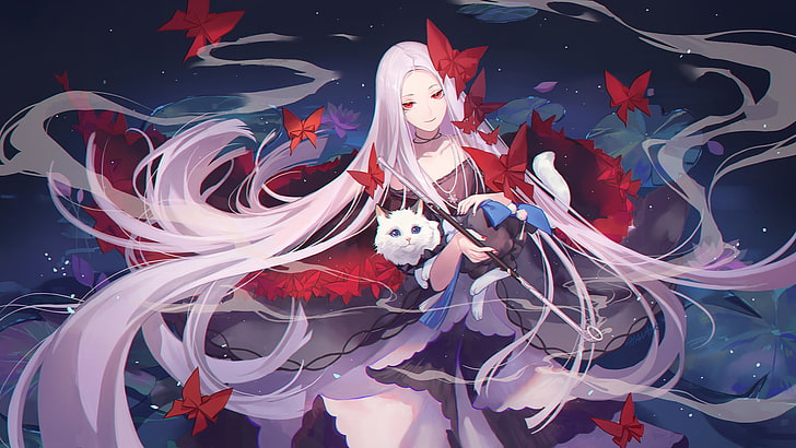 девушка аниме держит кота иллюстрация, бабочка, длинные волосы, кошка, красные глаза, Ханаса, белые волосы, HD обои