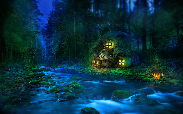 maison à côté de l'illustration du lit de la rivière, forêt, rivière, maison, oreille, Fond d'écran HD