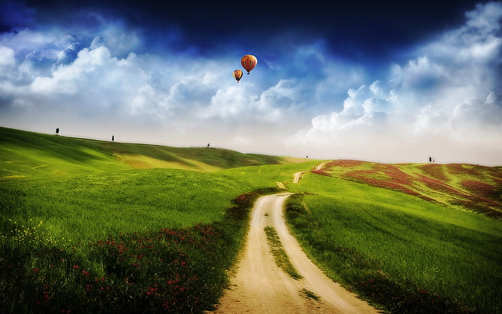 red hot air balloons, air balloons, road, track, country, height, flight, greens, meadows, HD wallpaper