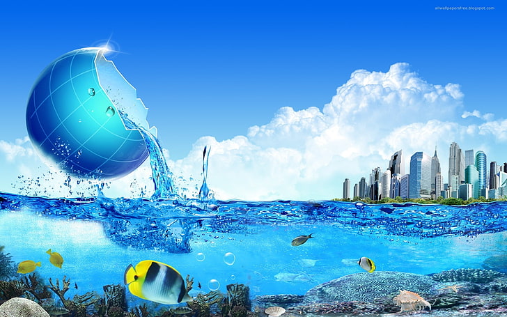 fishes under water with cityscape above digital wallpaper, fantasy art, artwork, digital art, water, underwater, fish, cityscape, skyscraper, clouds, globes, bubbles, split view, HD wallpaper