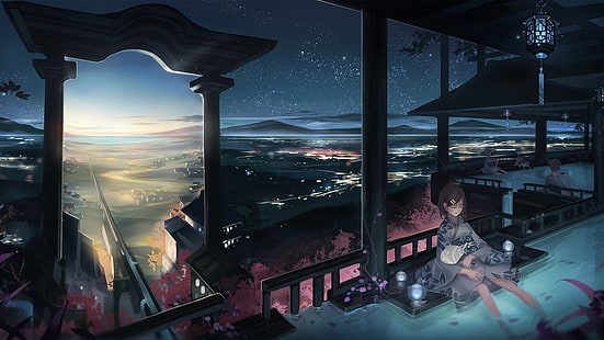 женский аниме персонаж у бассейна цифровые обои, аниме, пейзаж, япония, ночь, оригинальные персонажи, HD обои HD wallpaper