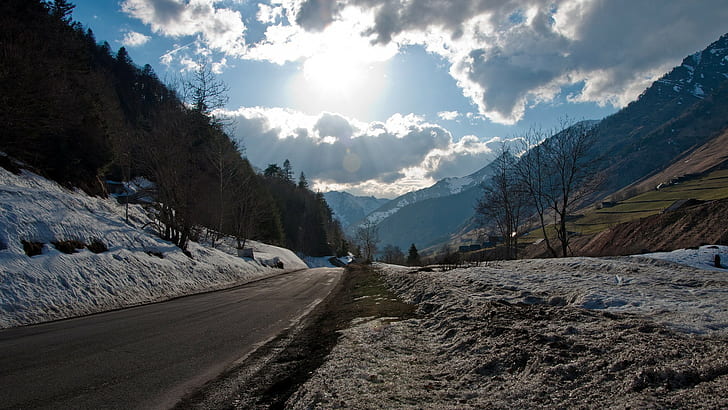 Sunlight Road Snow Winter Mountains HD, nature, mountains, sunlight, snow, winter, road, HD wallpaper