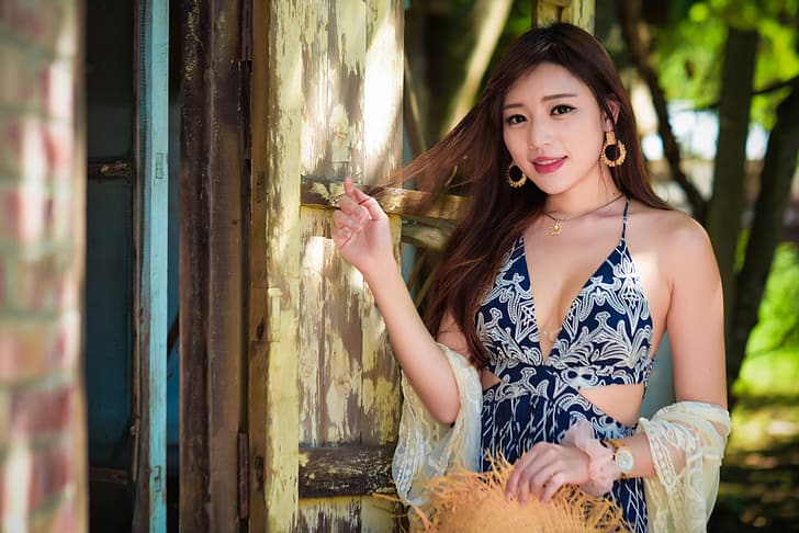 Kiki Hsieh, women, model, Asian, brunette, long hair, looking at viewer, portrait, dress, cleavage, earring, necklace, smiling, depth of field, touching hair, outdoors, women outdoors, HD wallpaper