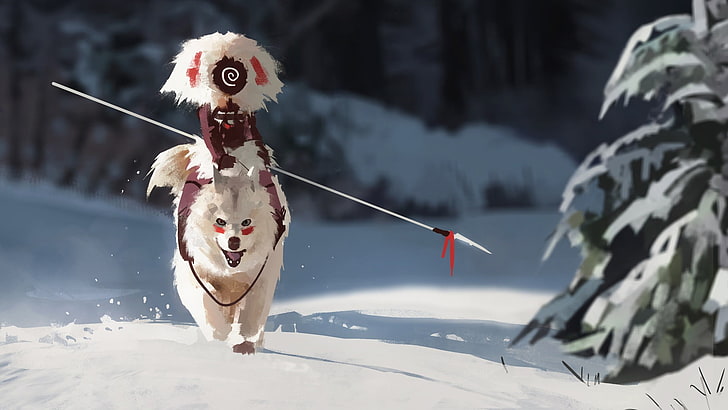 white wolf, snow, digital art, spear, wolf, Princess Mononoke, HD wallpaper