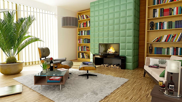 apartment, architecture, bookcase, bookshelves, chair, contemporary, couch, decoration, design, family, fireplace, floor, furnitures, home, house, indoors, interior, interior design, lamp, living room, luxury, modern, HD wallpaper