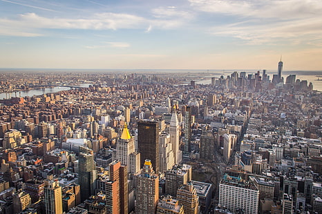 gray concrete buildings top view, cityscape, new York City, urban Skyline, skyscraper, uSA, manhattan - New York City, architecture, downtown District, aerial View, famous Place, city, empire State Building, urban Scene, new York State, business, sunset, building Exterior, built Structure, midtown Manhattan, tower, HD wallpaper HD wallpaper