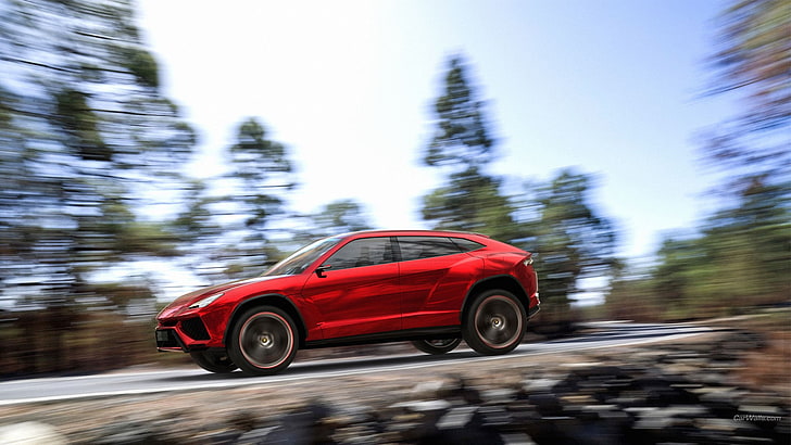 Lamborghini Urus, รถแนวคิด, รถสีแดง, ภาพเบลอจากการเคลื่อนไหว, วอลล์เปเปอร์ HD